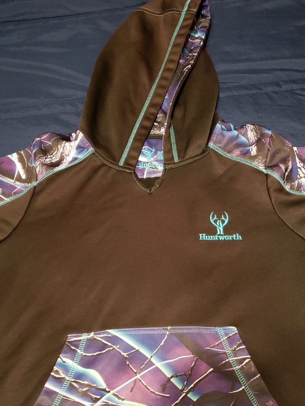 Huntworth Men's Brown Crewneck Hoodie with Purple Camo Accents